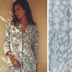 Zara Printed 100% Ramie Oversize Shirt Button-Up 3/4 Sleeve Blue Beige